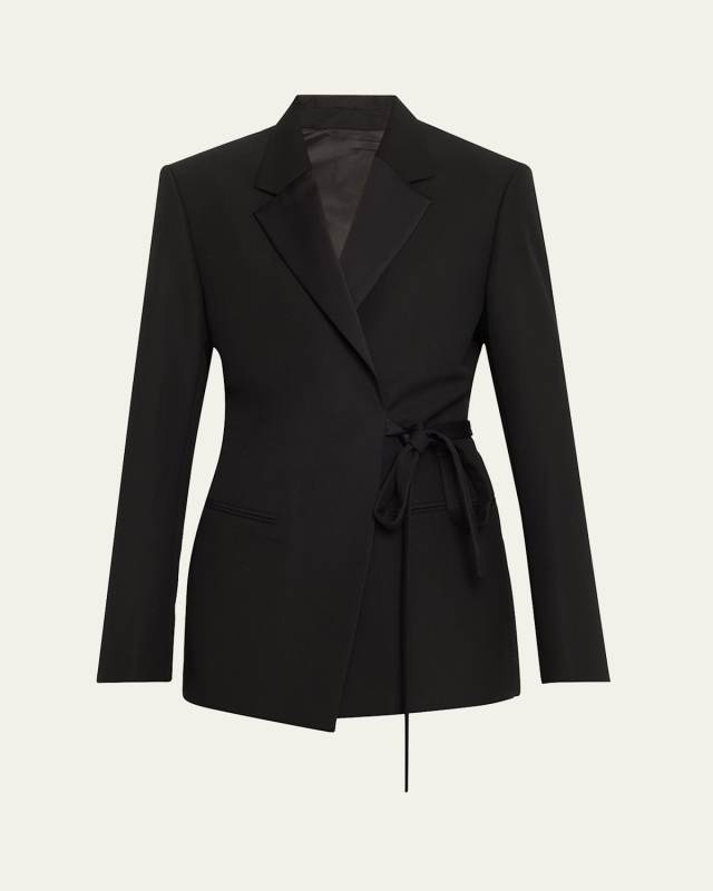 Satin Lapel Wrap Wool Blazer